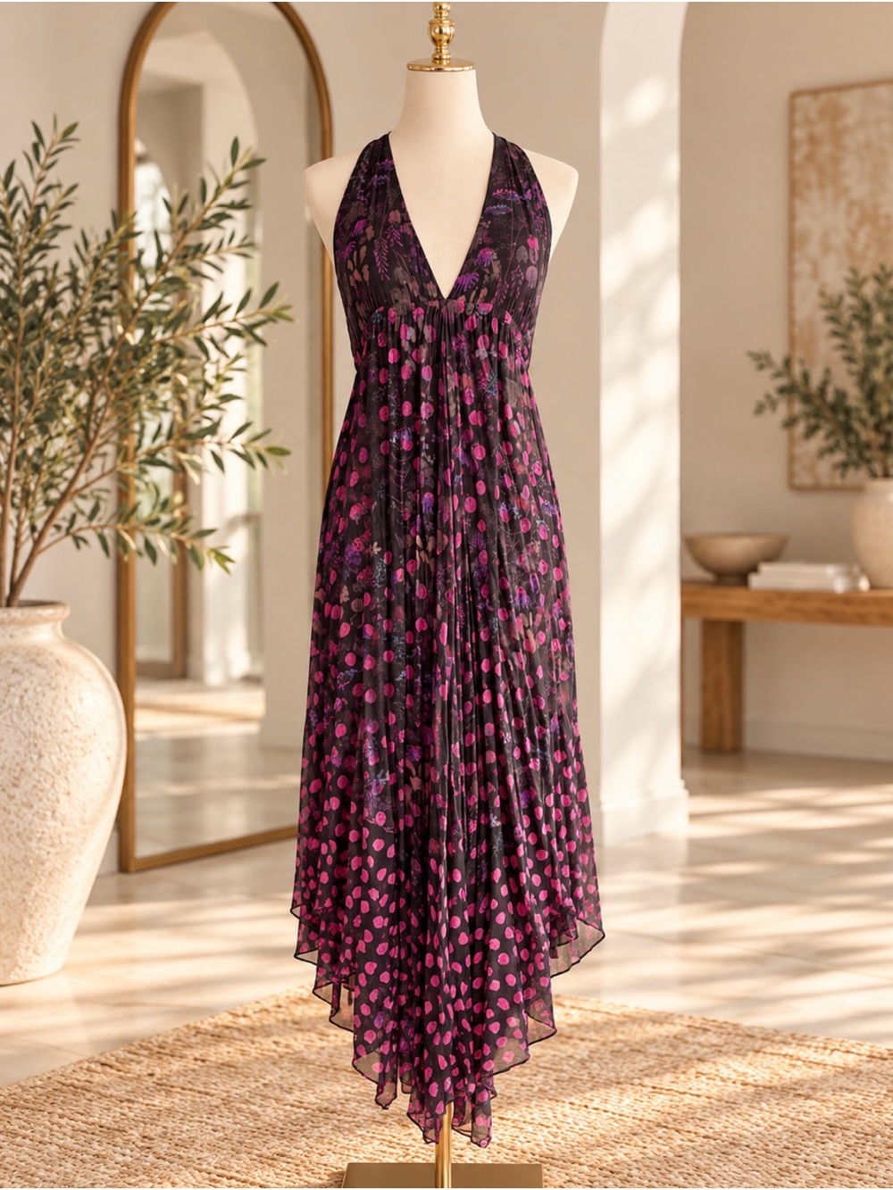 Antik Batik Black and Fuchsia Halter High-Low Polka Dot Dress